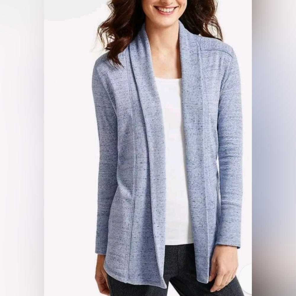 Talbots Heathered Blue Long Sleeve Shawl Collar Open Sweater Cardigan Medium - Picture 8 of 8